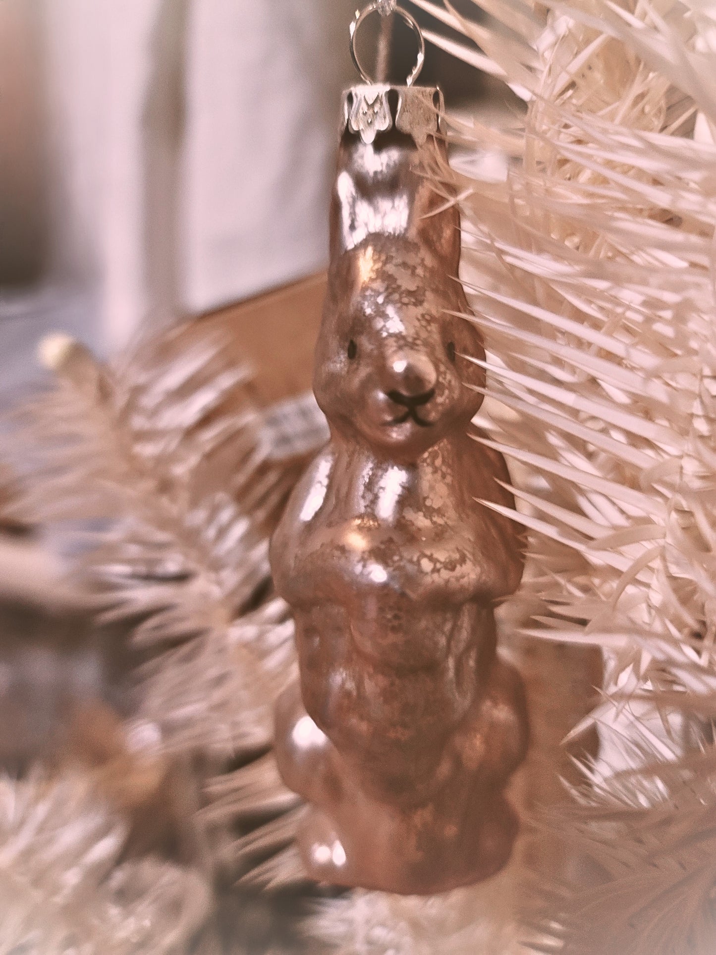 Vintage Easter Style Pink Mercury Glass Easter Bunny With Basket Ornament