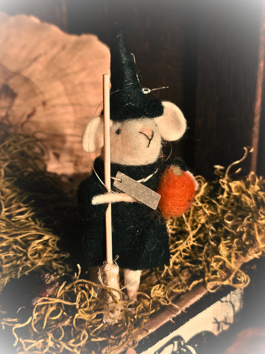 Vintage Halloween Style Witch Mouse Felt Ornament