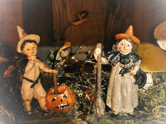 Vintage Halloween Style Witch Boy and Girl with Black Cat Figurines Set