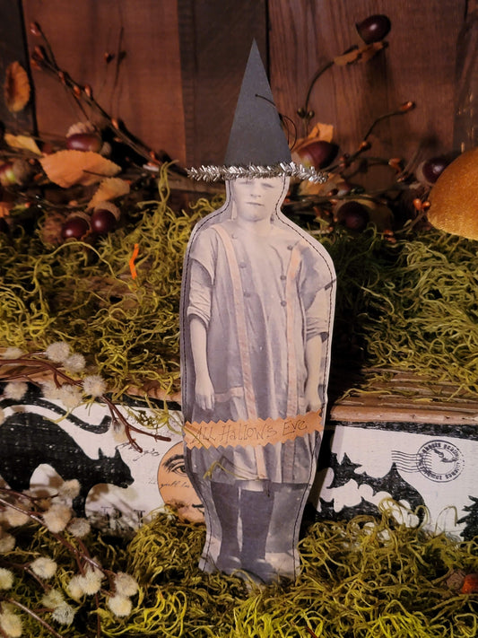 Vintage Halloween Style primitive photo stuffed paper witch ornament