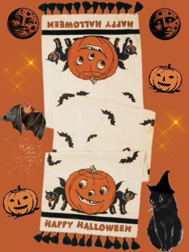 Vintage Halloween Style Pumpkin and Black Cat Table Runner