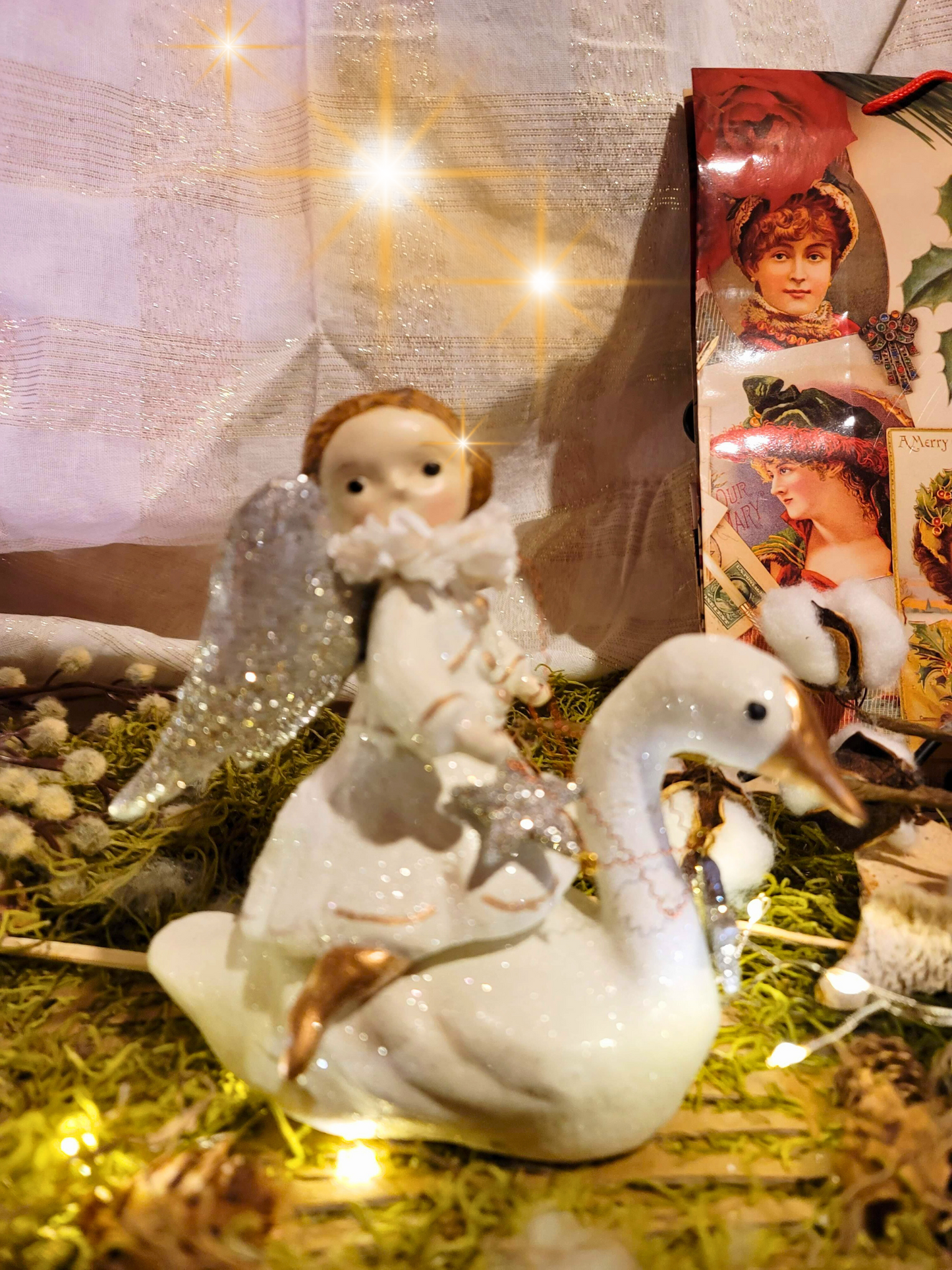 Folk Art Christmas Dee Harvey Foust Angel Rider on Swan Figurine