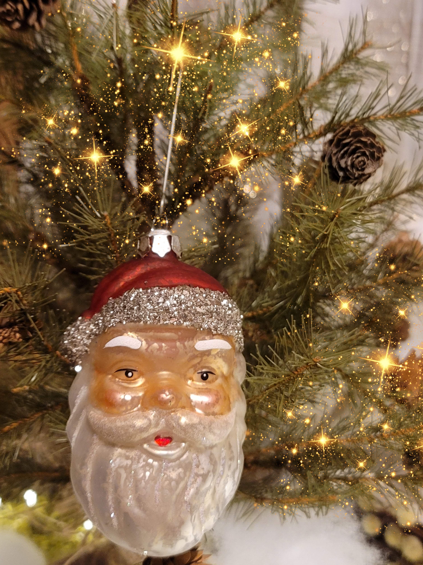Vintage Retro Style Santa Head Father Christmas Glittered Glass Ornament