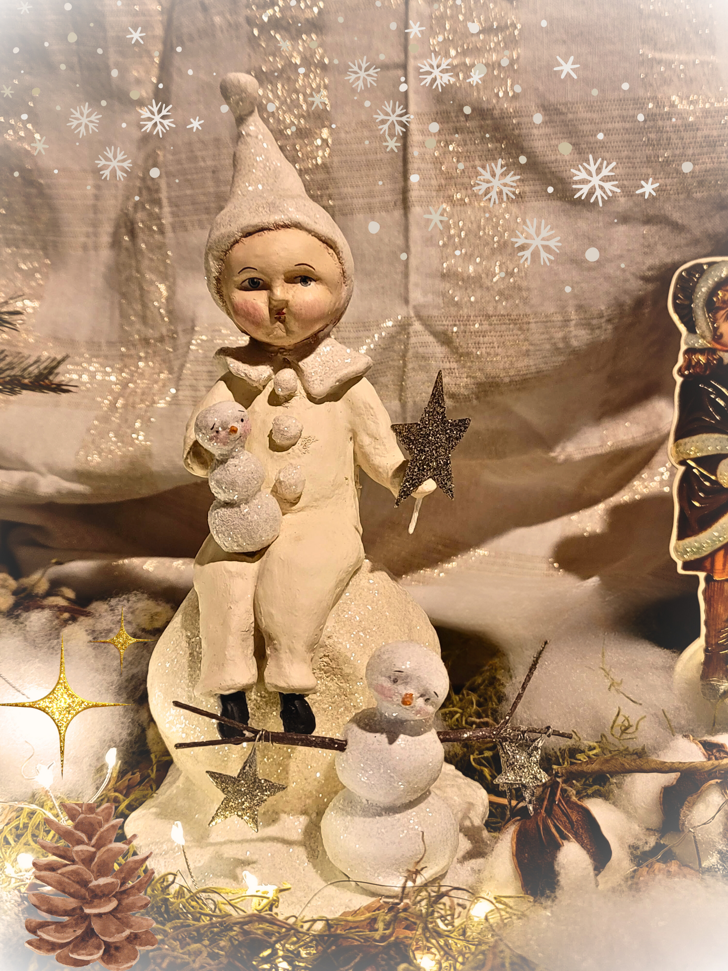 Folk Art Snow Boy on Snowball with Child Snowman Babies