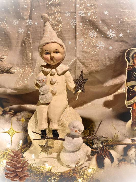 Folk Art Snow Boy on Snowball with Child Snowman Babies