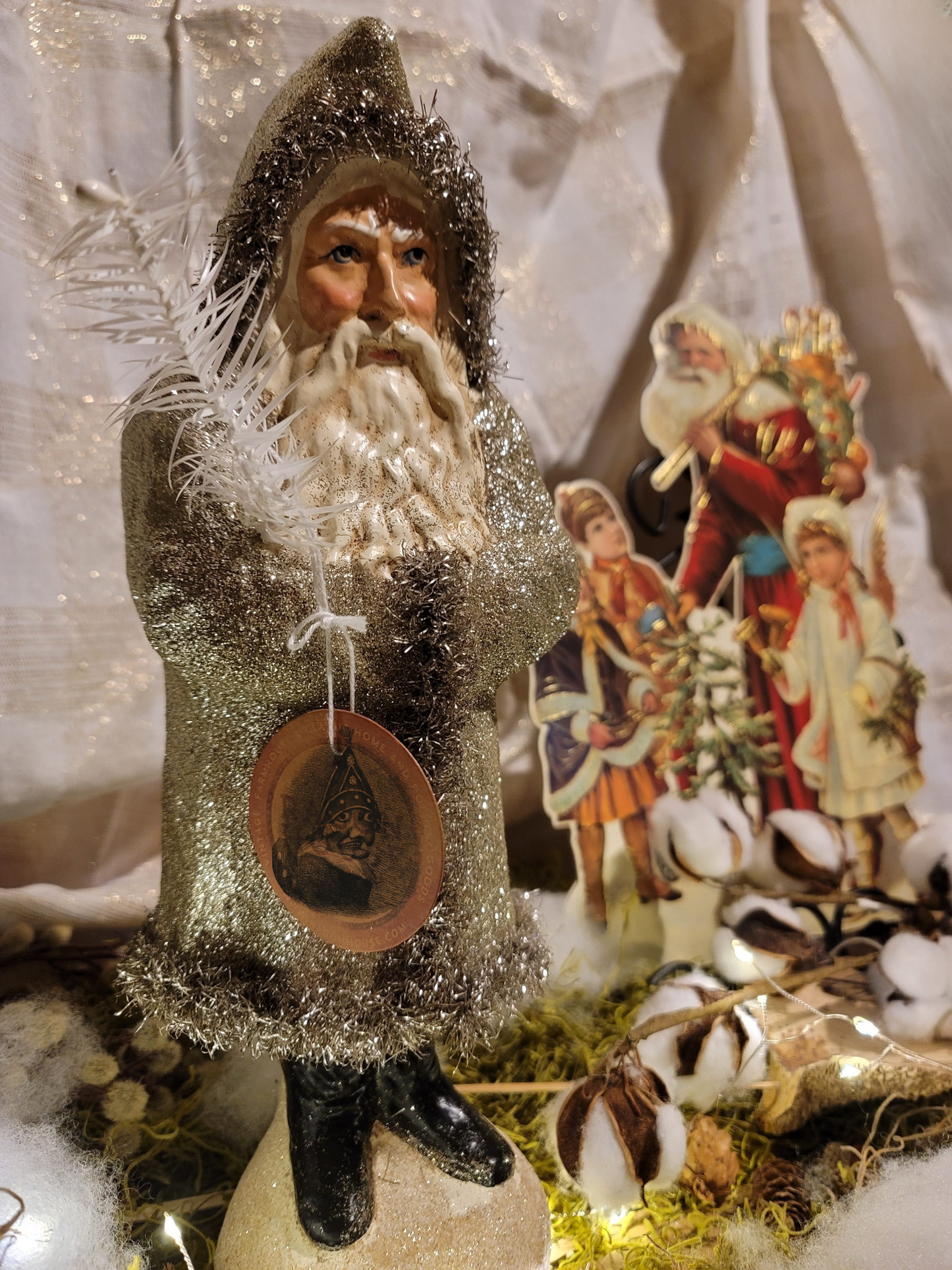 Vintage Folk Art Christmas Style Woodland Glittered Santa with Feather Tree