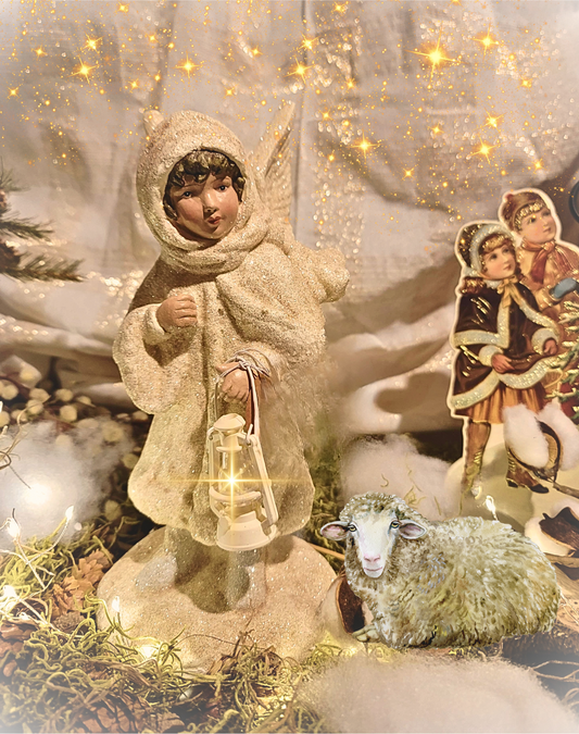 Vintage Victorian Christmas Style Good News Angel with Lantern Figurine