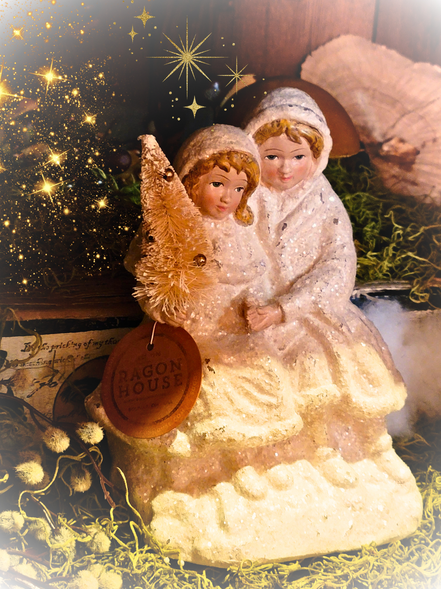 Vintage Victorian Christmas Style Woodland Realm Snow Children Glittered Figurine