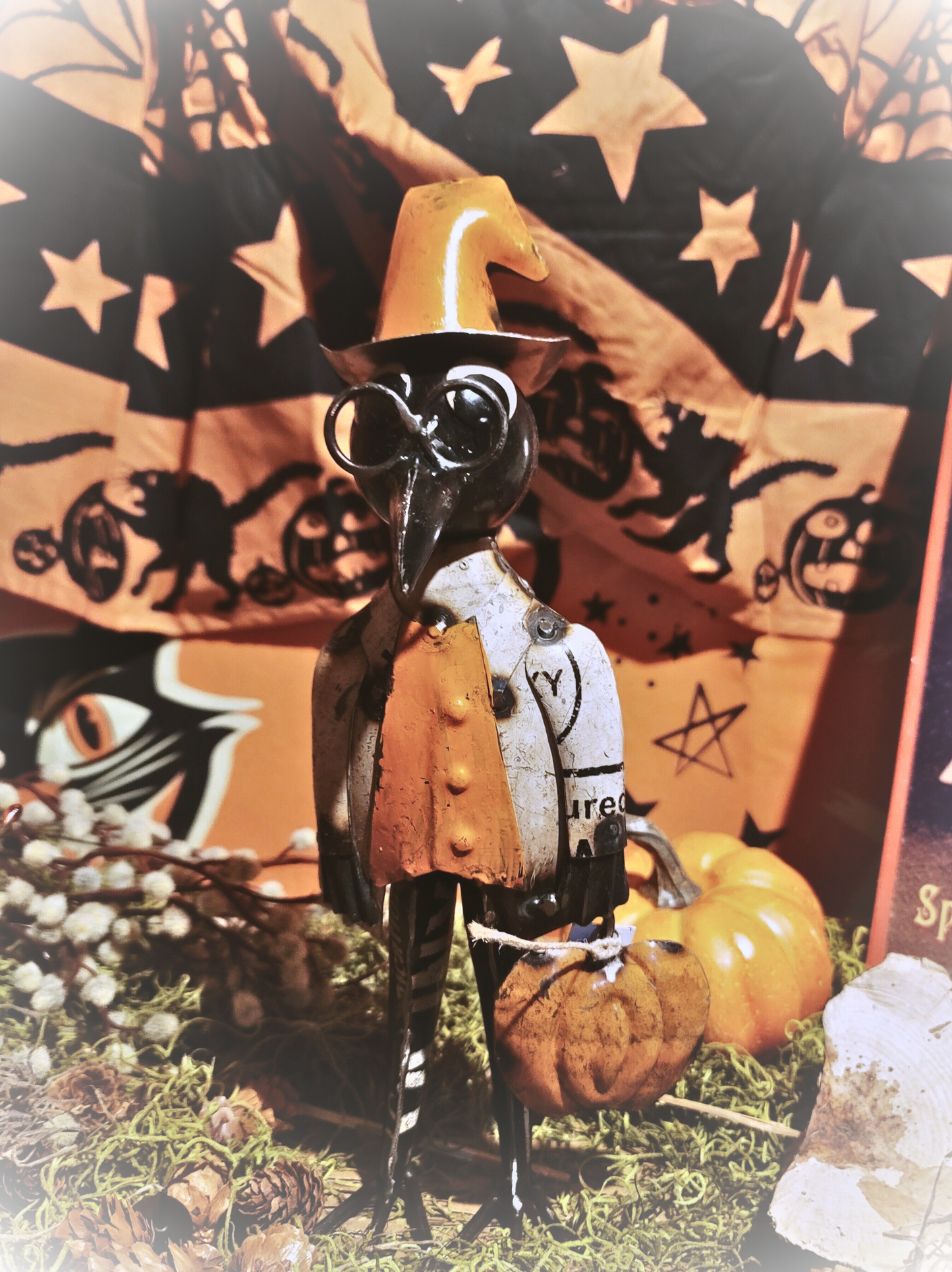 Vintage Halloween Style Whimsical Raven Crow Witch with Pumpkin Figurine