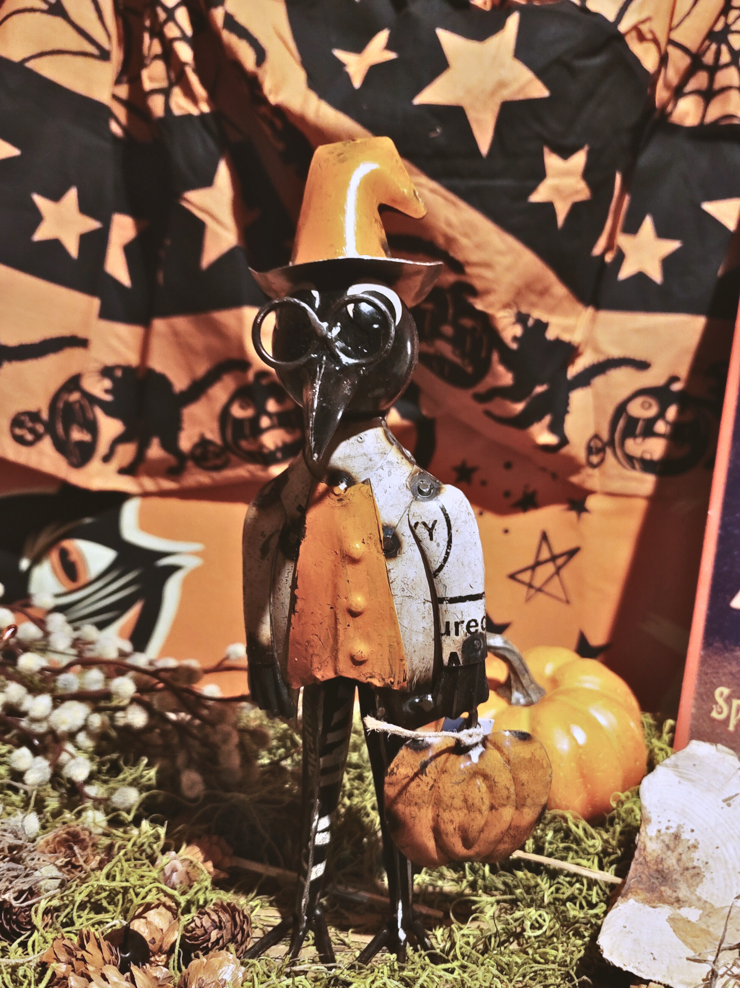 Vintage Halloween Style Whimsical Raven Crow Witch with Pumpkin Figurine