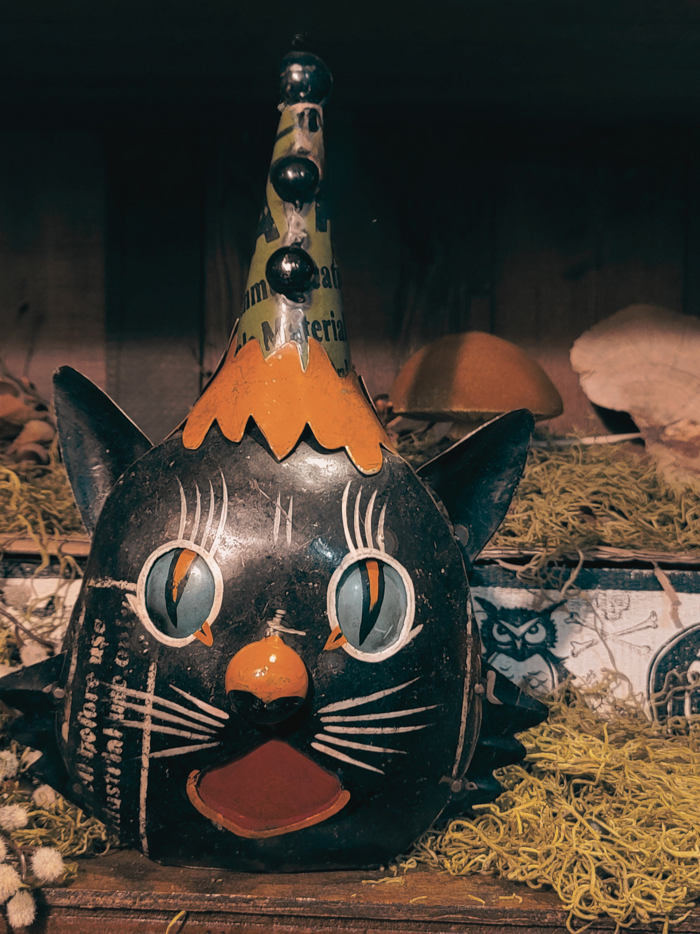 Vintage Halloween Style Black Cat Witch Clown Head Figurine