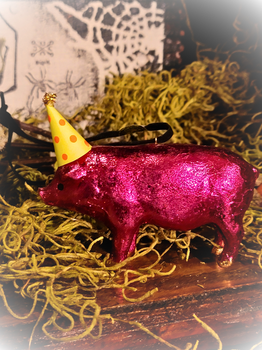 Whimsy Circus Hot Pink Party Pig with Hat Ornament