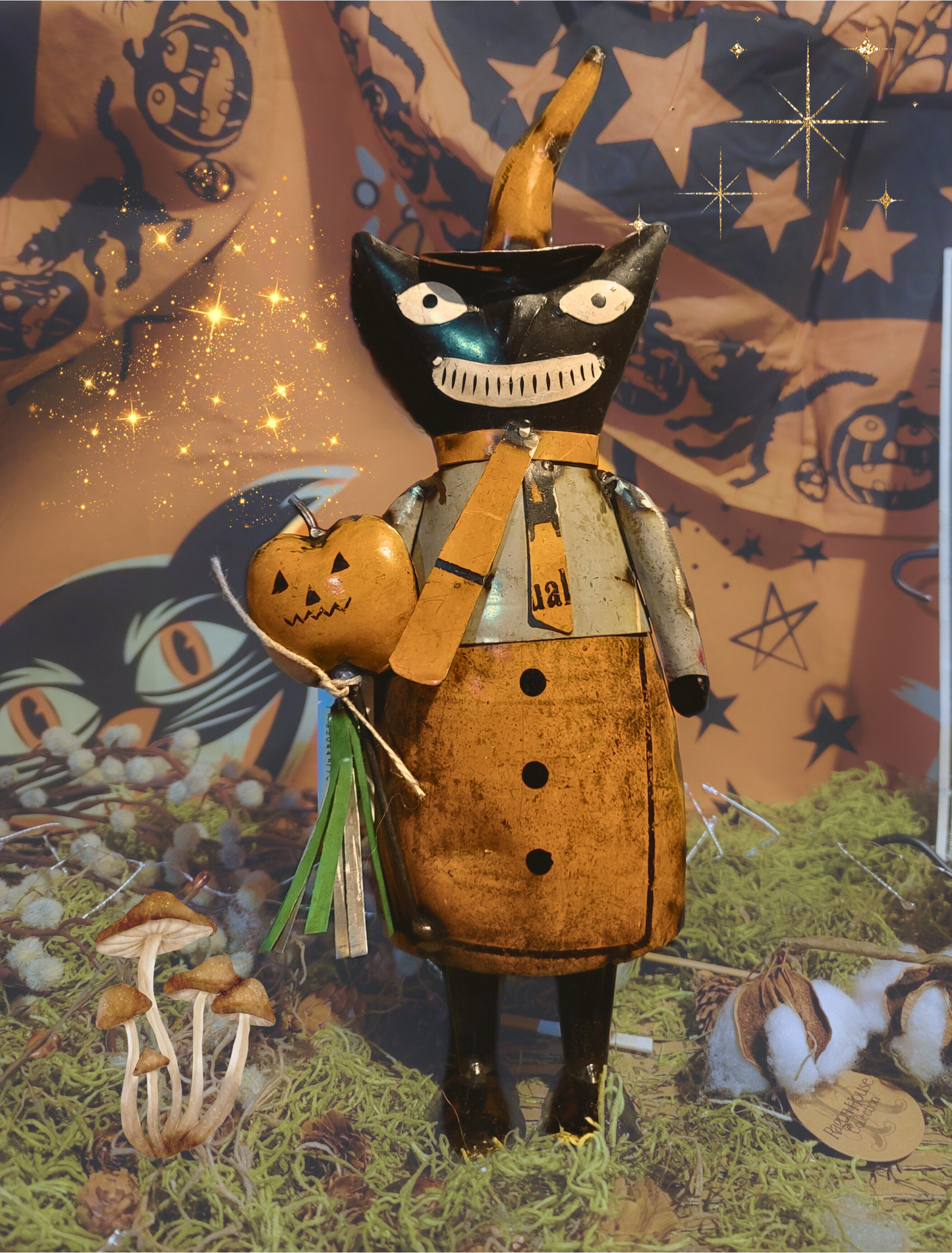 Vintage Halloween Style Metal Black Cat Witch with Pumpkin