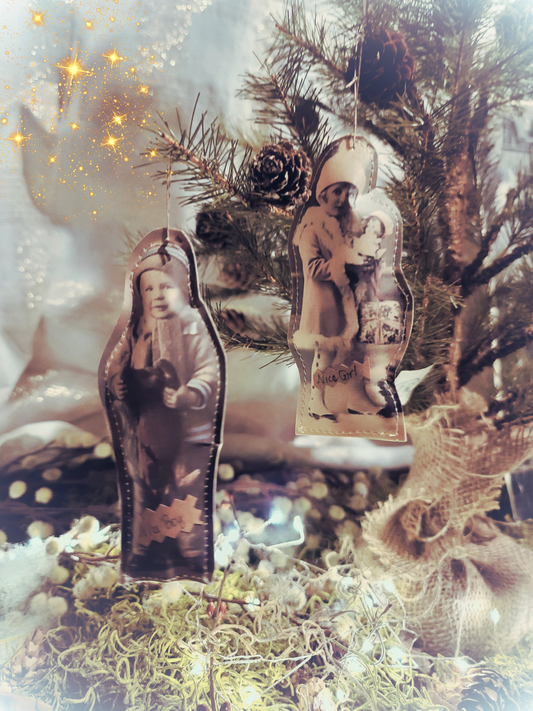 Primitive Victorian Paper Photo Nice Girl Nice Boy Ornaments
