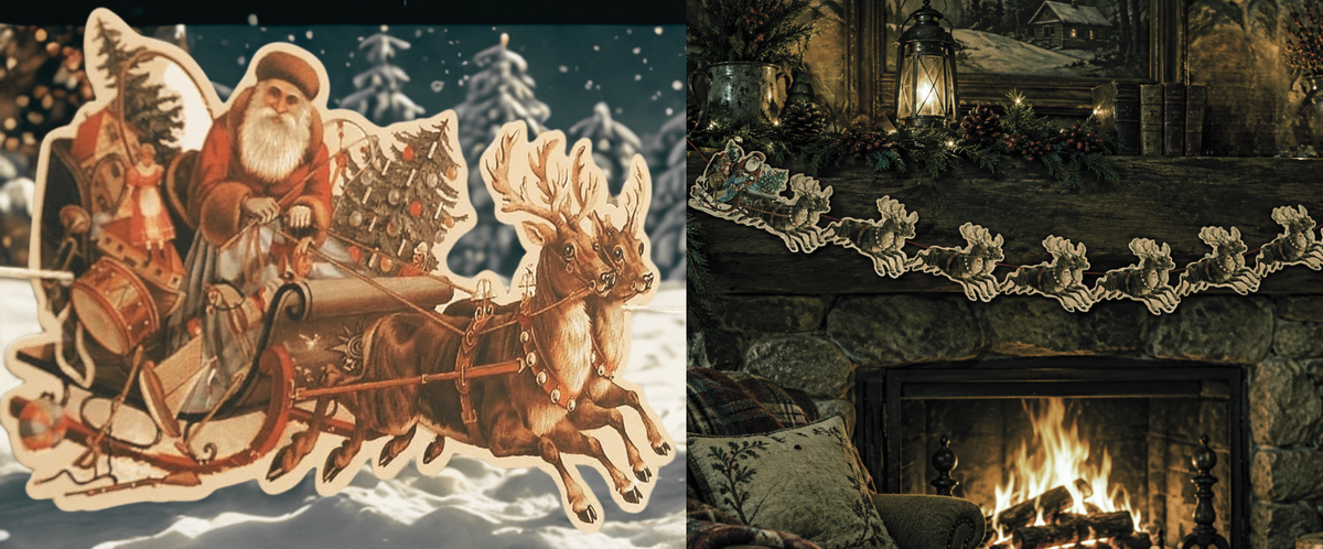 Vintage Father Christmas Style Garland Santa and Riendeer