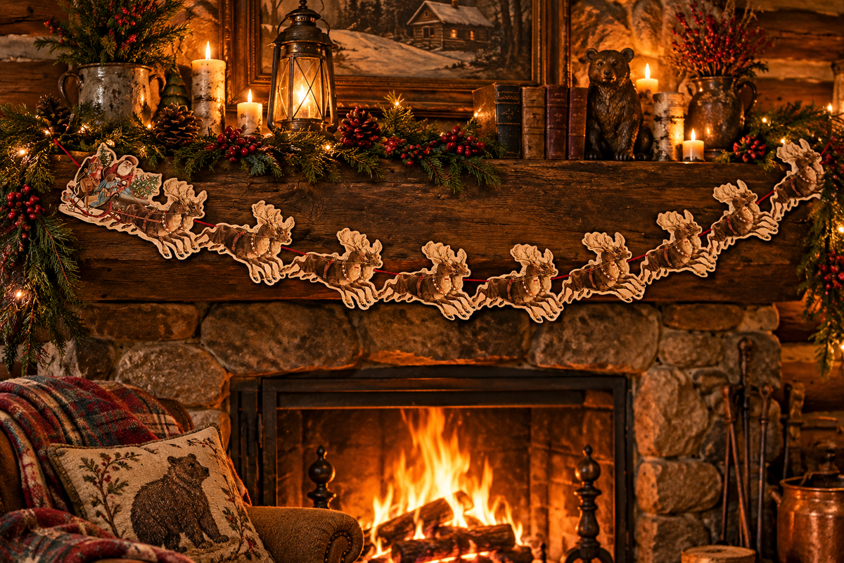 Vintage Father Christmas Style Garland Santa and Riendeer