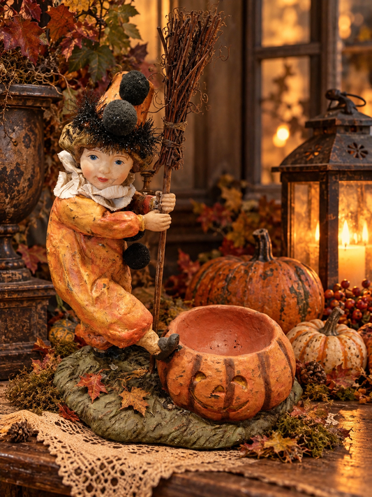 Vintage Halloween Postcard Style Clapsaddle Tinsel Girl Clown with Pumpkin Container