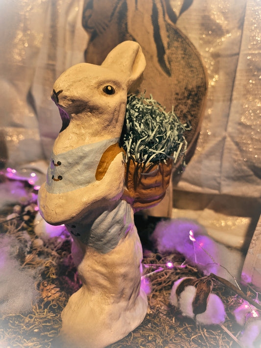 Vintage German Style Easter Paper Mache Standing Rabbit with Basket