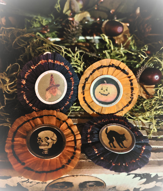 Vintage Halloween Style Witch, Skeleton, Black Cat and Pumpkin Ornaments Set