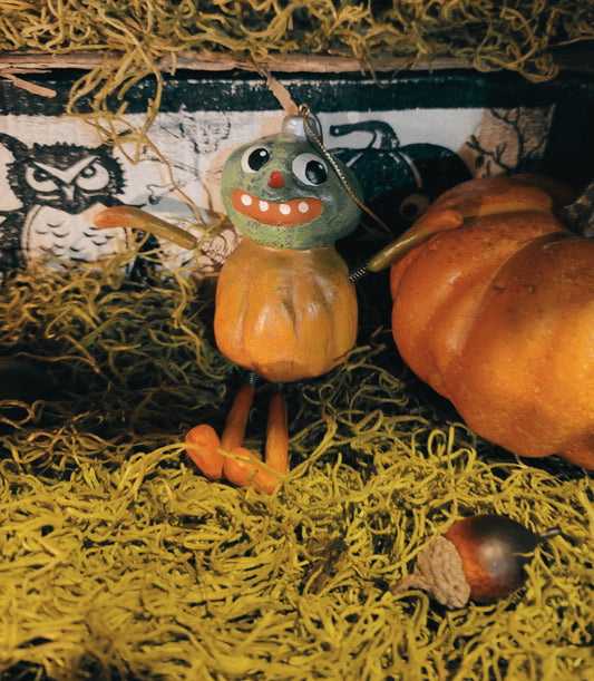 Vintage Halloween Style Silver Willow Bobble Head Pumpkin Gourd Ornament