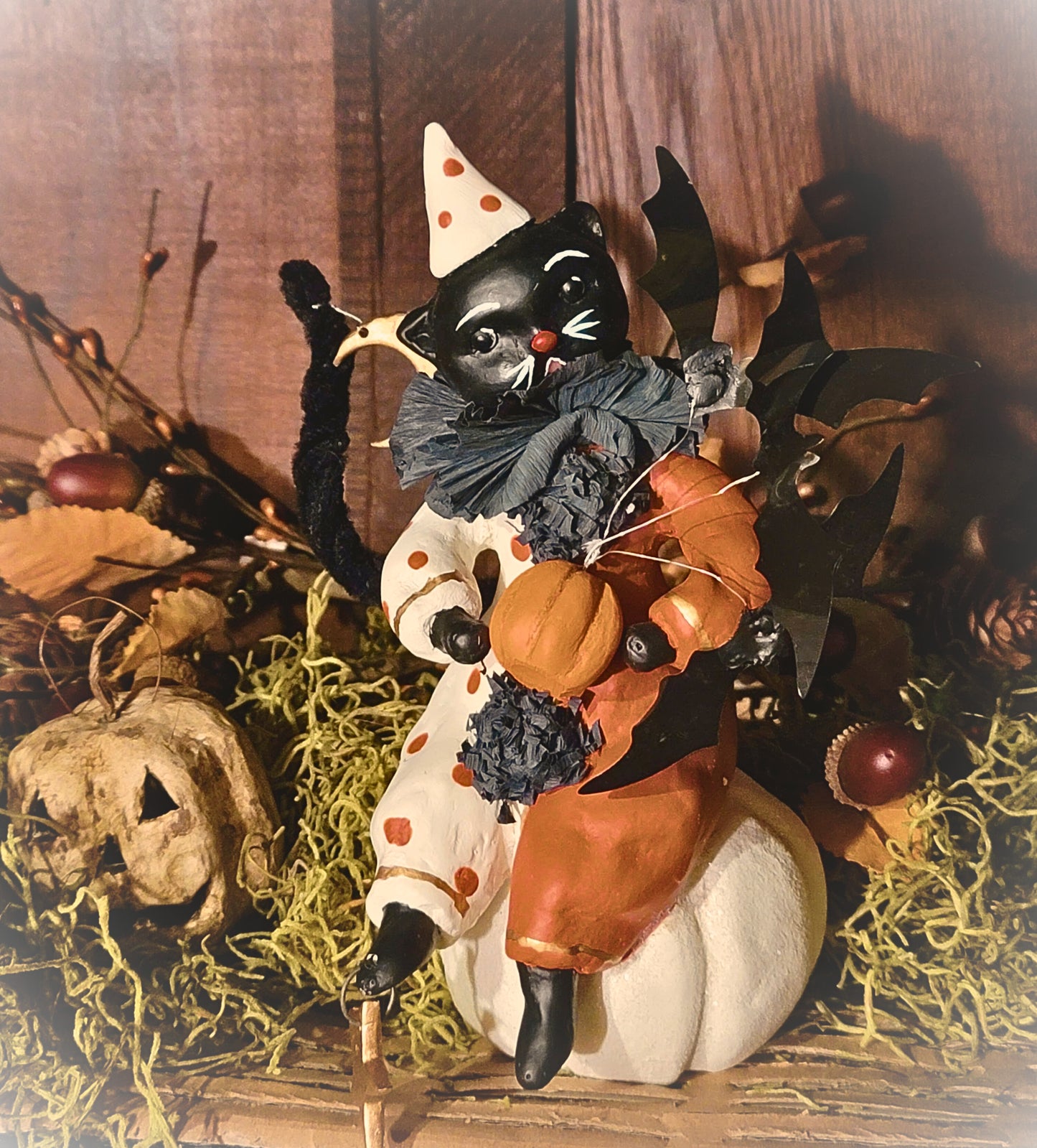 Vintage Halloween Style Dee Harvey Foust Black Cat Witch Clown on Pumpkin Figurine