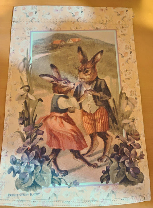 Vintage Victorian Easter Postcard Style Dancing Rabbit Bunnies Garden Flag