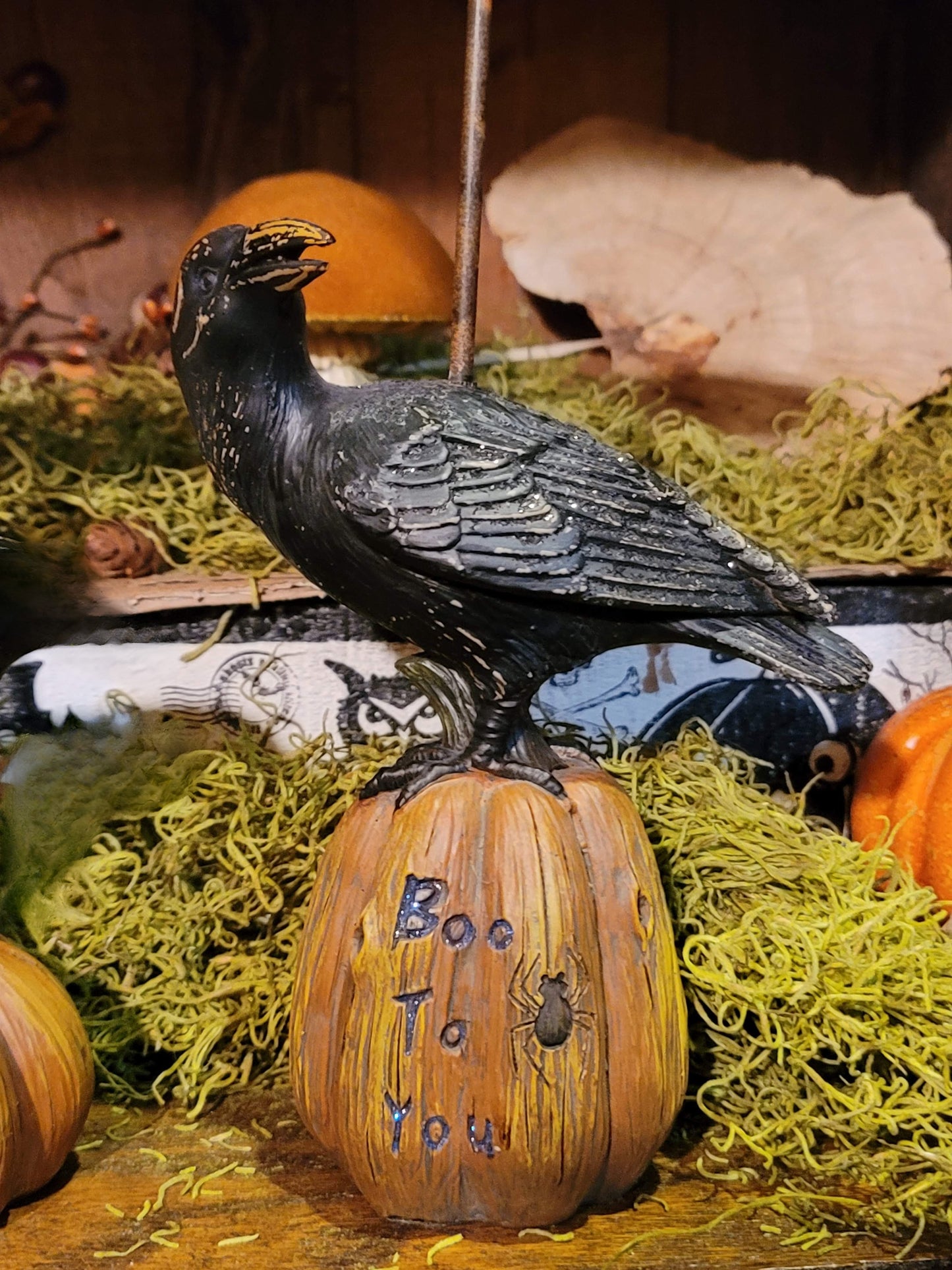 Vintage Halloween Raven Crows on Pumpkins Candle Holders