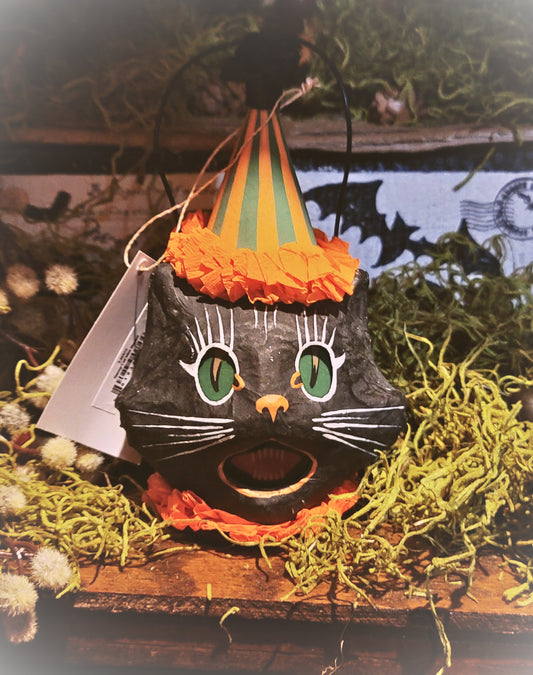 Vintage Halloween Style Bethany Lowe Black Cat Mini Bucket Ornament