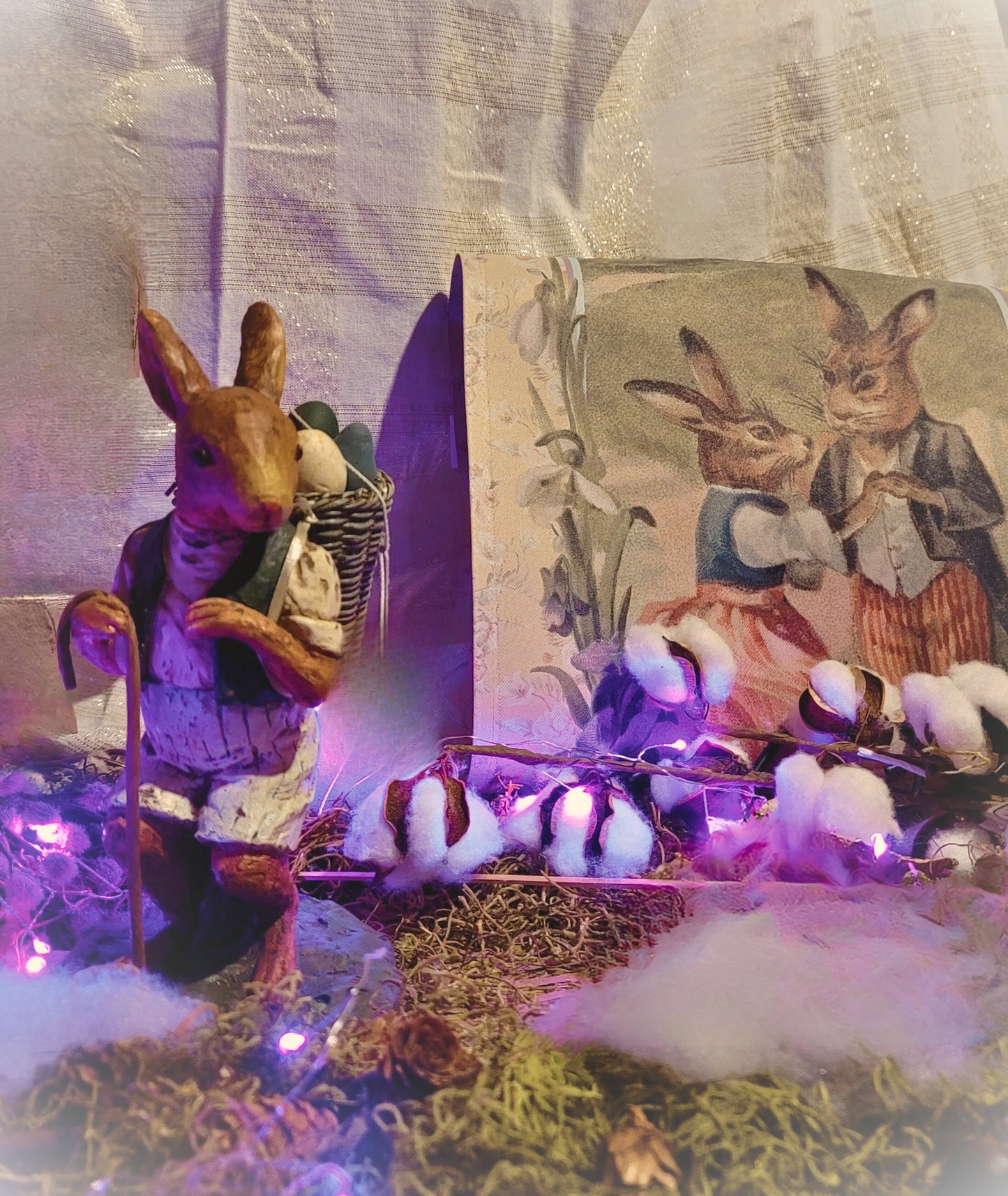 Vintage Victorian Easter Postcard Style Bunny Rabbit with Egg Basket Figurine