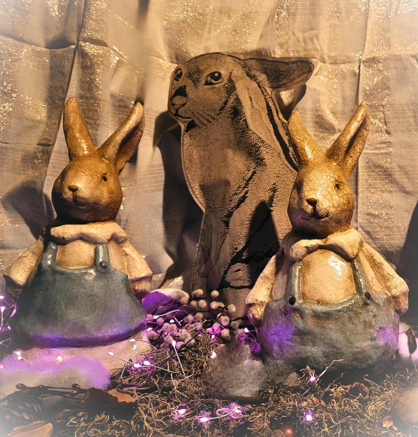 Victorian Easter Postcard Style Rabbit Figurine Pair