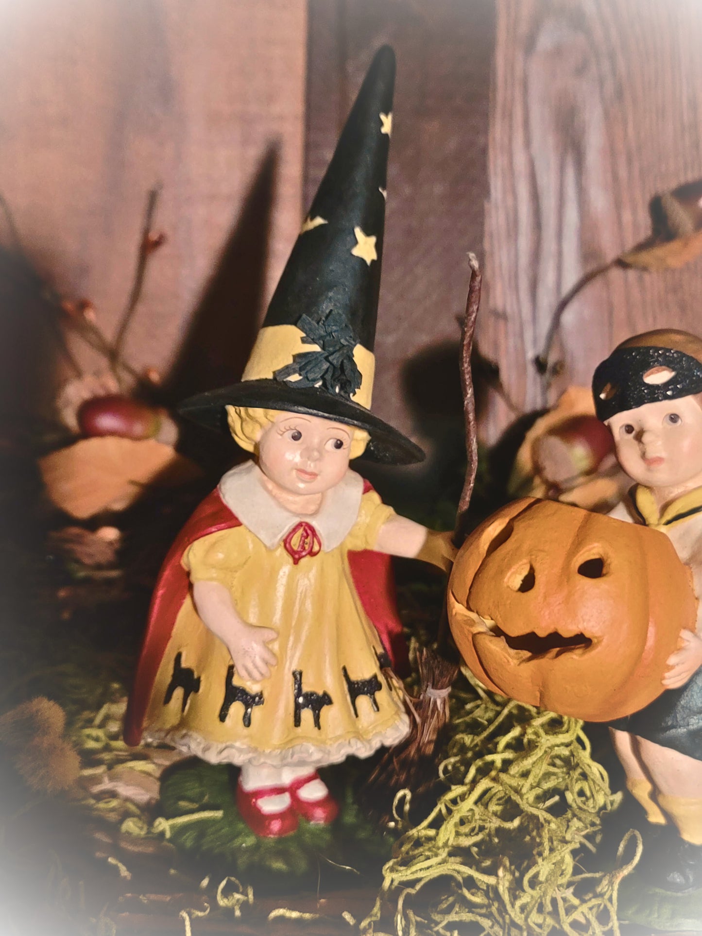 Vintage Halloween Style Postcard Bethany Lowe Witch Girl and Boy with Pumpkin Set